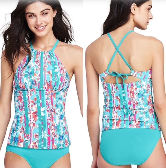 Land's End Capri Aqua Orchid Stripe Teal Blouson Tankini Swimwear Womens Size 14 - Picture 2 of 12
